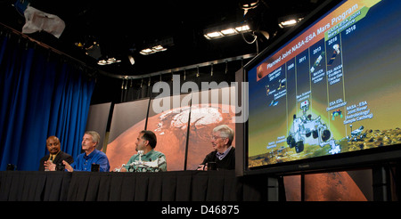 La NASA a tenu un briefing sur la mission mars Science Laboratory, qui comprenait le rover Curiosity. Cette mission se concentrait sur l'exploration de la surface martienne, l'étude de sa géologie et la recherche de signes de vie passée. Banque D'Images