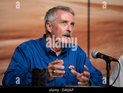 La NASA a tenu une conférence de presse pour discuter du mars Science Laboratory (MSL) et des progrès du rover Curiosity dans l’exploration de la surface et des caractéristiques géologiques de mars. Banque D'Images
