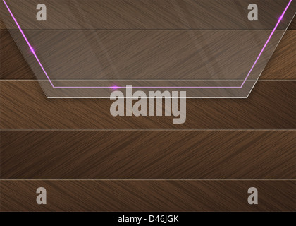 Façade de verre avec un néon rose sur un fond de bois brun Banque D'Images