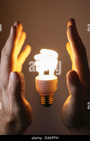 Les mains à l'ampoule fluorescente compacte Banque D'Images