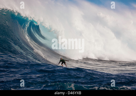 Un œillet de surfer en tombe en bas de la face de Hawaii's big surf à Peahi (Mâchoires) au large de Maui, Hawaii, USA. Banque D'Images