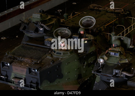 Les véhicules d'assaut amphibies (AAV) se préparent à quitter le pont du puits de l'USS Wasp lors d'un exercice militaire. L'opération montre l'état de préparation des forces amphibies de l'US Navy. Banque D'Images