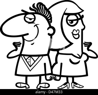 Cartoon noir et blanc Illustration de Cheerful Man and Woman Couple amoureux pour Coloring Book Banque D'Images