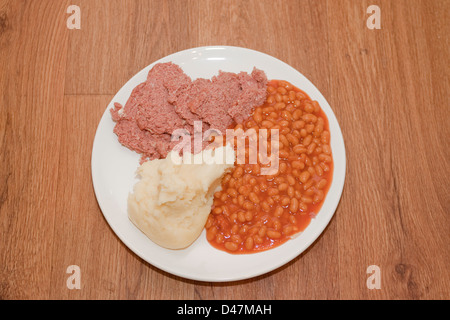 Le corned-beef haricots cuits au four et purée de pommes de terre sur la plaque de repas Banque D'Images