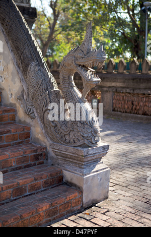 Détail d'un dragon en pierre à Haw Pha Kaeo temple de Vientiane, Laos Banque D'Images
