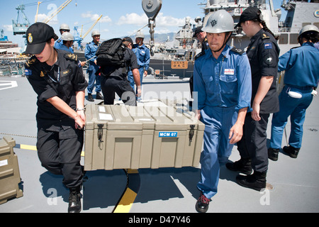 Les membres de la Royal New Zealand Navy Hydrographic Survey et de l'équipe de marins de l'auto-défense maritime du Japon dragueur force charge bungo offres équipement au cours de l'exercice Rim of the Pacific 2012. Banque D'Images