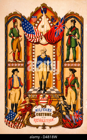 Costume militaire de la révolution - George Washington, portrait en pied, entouré par quatre soldats en jute, britannique et française uniformes ; un homme tenant un fusil ; autochtone américain tenant un arc, et des drapeaux américains et britanniques. Banque D'Images