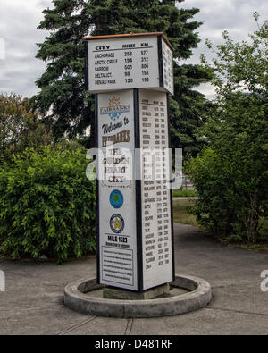 25 juin 2012 - Fairbanks, Alaska, États-Unis - un kilométrage poster au centre-ville de Fairbanks, Alaska donne à distances.de villes à travers le monde et est une destination touristique photo-op. (Crédit Image : © Arnold Drapkin/ZUMAPRESS.com) Banque D'Images