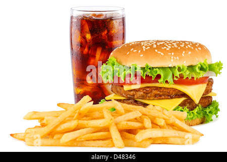 Lit cheesesburger avec frites et coca. Banque D'Images