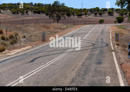 Burn out car les traces de pneu sur la route de roues spiinning, Murchison Australie Occidentale Banque D'Images