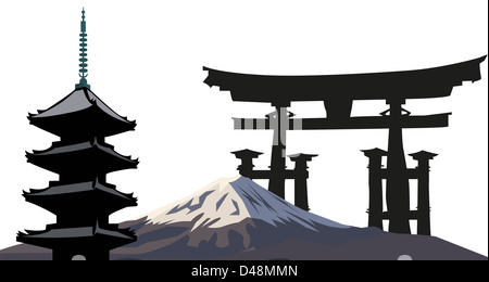 Illustration avec le Mont Fuji, japonais et de la pagode de Torii Silhouette Banque D'Images