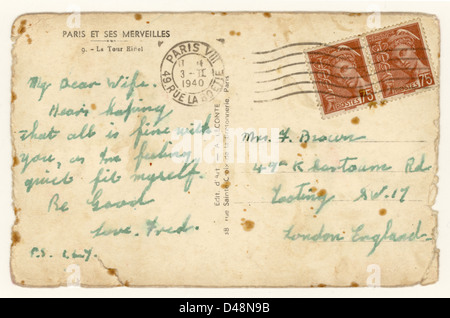 Carte postale française de marche arrière avec timbre, Paris, France 1940 cachet éventuellement envoyé par British militaire PENDANT LA SECONDE GUERRE MONDIALE11 Banque D'Images