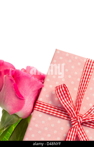 Roses rose rose leaning on wrapped present Banque D'Images