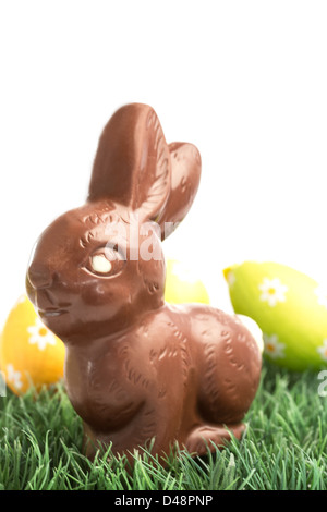 Lapin chocolat assis sur l'herbe avec des œufs de pâques derrière Banque D'Images