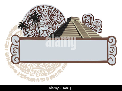 Illustration avec les glyphes antiques et pyramide Maya Banque D'Images