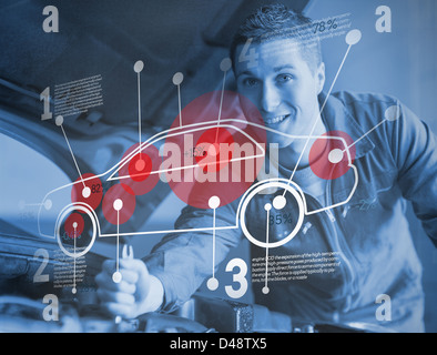 Voiture en réparation mécanicien consulting futuristic interface Banque D'Images