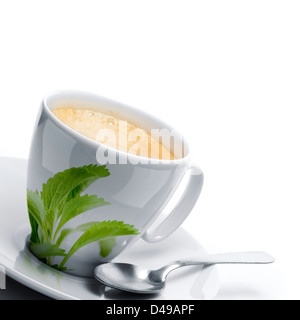 Tasse de café décoré de feuilles de stevia rebaudiana, plus une cuillère. Fond blanc, bordure d'une page, l'angle gauche Banque D'Images