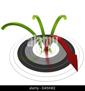 Trois flèche verte pour atteindre le centre d'une cible et d'un rebond à l'extérieur du centre, symbole de taux de rebond Banque D'Images