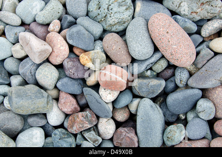 Rayures arrondies et pierres plage mouchetée de rose et gris à Raccoon Beach sur l'île Campobello. Banque D'Images