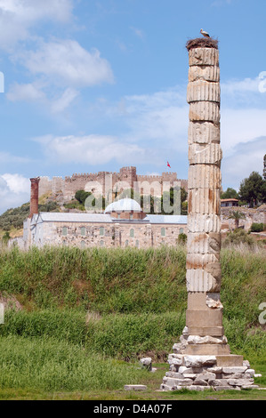 Nid d'une cigogne sur le dessus d'une colonne de temple d'Artémis, ville antique d'Éphèse, la FEAS, la Turquie, l'Asie occidentale Banque D'Images