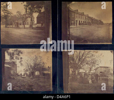 Quatre vues illustrant les activités de la Commission sanitaire des États-Unis pendant la guerre de Sécession à Fredericksburg, en Virginie, en 1865, montrant les efforts pour fournir des services médicaux et sanitaires aux soldats de l'Union. Banque D'Images