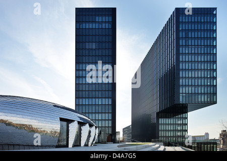 Düsseldorf, Allemagne, le Hyatt Regency Düsseldorf Hôtel et un immeuble de bureaux au port des médias Banque D'Images