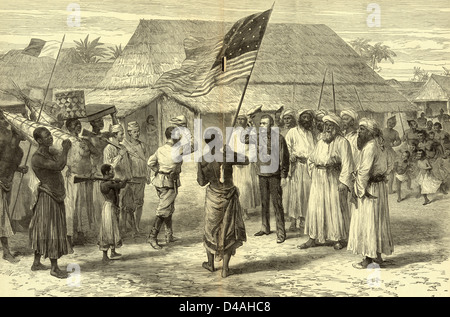 Rencontre Stanley Livingstone. Henry Morton Stanley salutation Dr. David Livingstone à un village de Ujiji, dans ce qui est aujourd'hui en Tanzanie. Banque D'Images