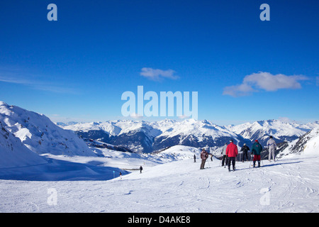 La Tome, piste bleue, haut de la Rossa, soleil d'hiver, La Plagne, France, Europe Banque D'Images