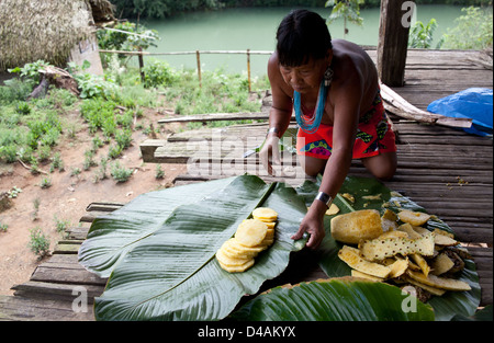 Femme indienne Embera coupant des ananas au village d'Embera Puru, Rio Pequeni, République du Panama, Amérique centrale. Banque D'Images