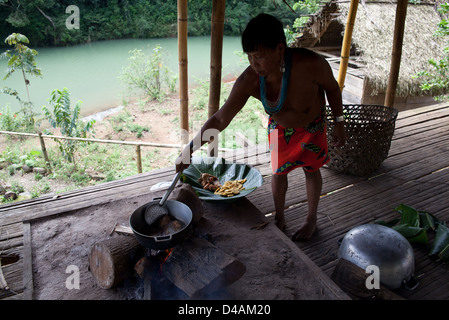 Les Indiens Embera femme faisant la nourriture à l'Embera Puru village, Rio Pequeni, République du Panama. Banque D'Images