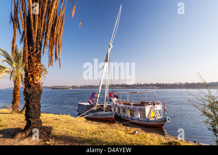 1900 tourisme et l'appui bateau amarré le long de la rive est du Nil près d'Assouan au lever du soleil. Banque D'Images