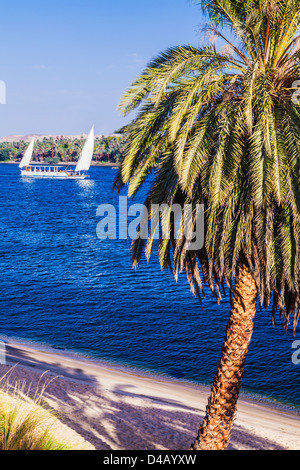 Vue depuis la rive ouest du Nil près d'Assouan, Egypte avec un dahabiya dans la distance. Banque D'Images