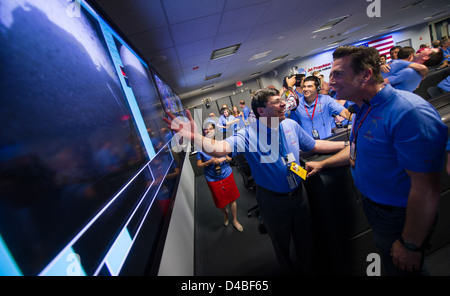 Mars Science Laboratory (MSL) de la NASA est une mission dirigée par le Jet propulsion Laboratory (JPL) à Pasadena, en Californie. La mission implique que le rover Curiosity explore la surface de mars pour comprendre l'habitabilité de la planète. Adam Steltzner et Chris Scolese sont des personnalités clés impliquées dans la mission. Banque D'Images