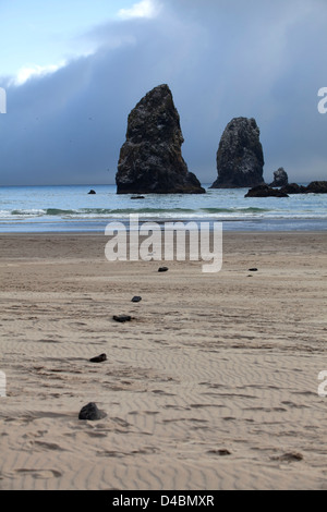Rock formation à matin brumeux, Cannon Beach, Oregon, USA Banque D'Images