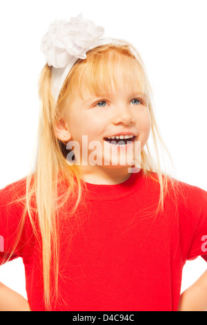 Heureux close-up portrait of little blonde girl isolated on white Banque D'Images