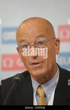 Sven Egil Folk, secrétaire-général de l'Association européenne de natation LEN, spekas lors d'une conférence de presse par la len sur le prochain 29e LEN European Championships natation, plongée et natation synchronisée à Eindhoven, aux Pays-Bas, 16 mars 2008. Photo : Bernd Thissen Banque D'Images