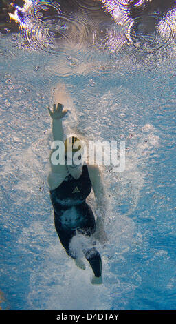 La nageuse allemande Britta Steffen (haut) en action lors du 100m nage libre, la concurrence qu'elle a gagné à nouveau temps record de 53,20 secondes au Championnat de natation allemand à Berlin, Allemagne, 22 avril 2008. Photo : GERO BRELOER Banque D'Images
