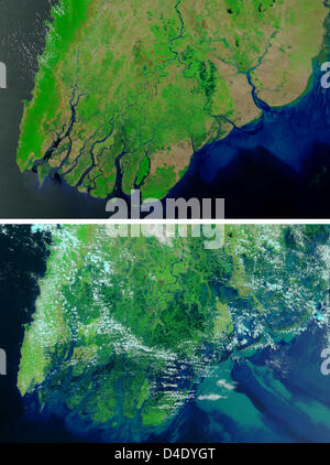 Le combo de satellite de la NASA photos montre la région côtière de la Birmanie le 15 avril 2008 (en haut) et après le cyclone Nargis le 05 mai 2008 (en bas). Le gouvernement birman a estimé le nombre de morts à plus de 41,000 22,000 avec manquante sur le 06 mai 2008. Photo : NASA/MODIS Banque D'Images