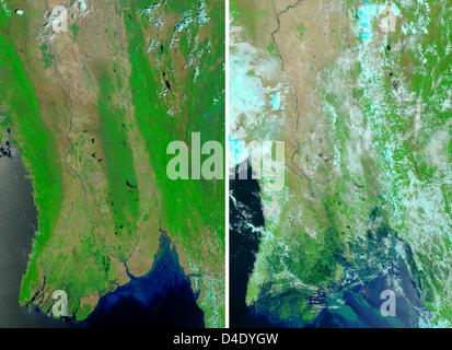 Le combo de satellite de la NASA photos montre la région côtière de la Birmanie le 15 avril 2008 (L) et après le cyclone Nargis le 05 mai 2008 (R). Le gouvernement birman a estimé le nombre de morts à plus de 41,000 22,000 avec manquante sur le 06 mai 2008. Photo : NASA/MODIS Banque D'Images