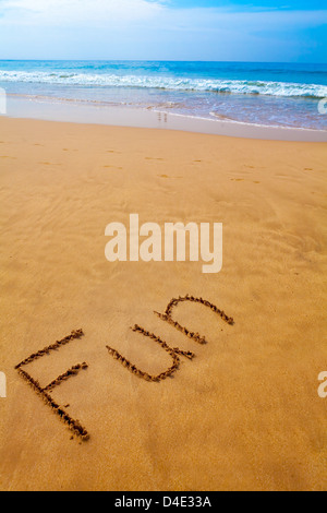 Relations sérieuses in mot écrit dans le sable, on Tropical Beach Banque D'Images
