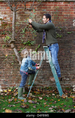 Père et fils travaillant dans jardin Banque D'Images