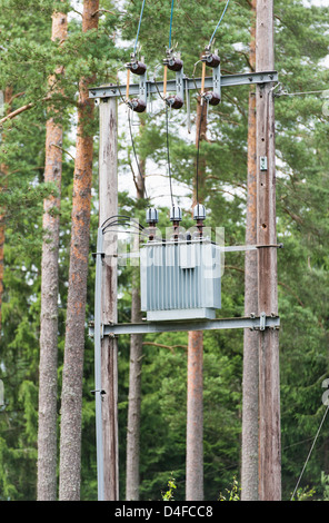 Sous-station pour la distribution d'électricité dans les bois, en Suède. Banque D'Images