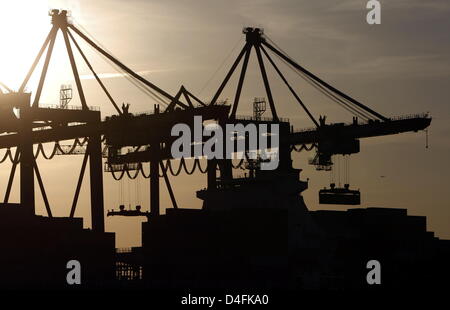 Le bras du terminal à conteneurs de cannes 'Altenwerder' capturés au coucher du soleil sur le port d'Hambourg, Allemagne, 05 juin 2008. Le Terminal à conteneurs Altenwerder (LTC) de HHLA (port de Hambourg et de la logistique AG) est l'un des plus modernes et des terminaux à conteneurs situé au sud de Hambourg dans l'arrondissement Altenwerder, près de la rivière Elbe. Photo : Marcus Brandt Banque D'Images