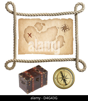 Vieille carte au trésor, cadre de la corde, de la poitrine et de la boussole isolated on white Banque D'Images