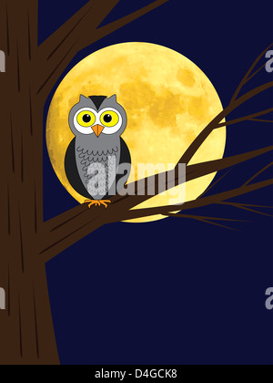 Cartoon owl assis sur une branche d'arbre de plus de pleine lune Banque D'Images