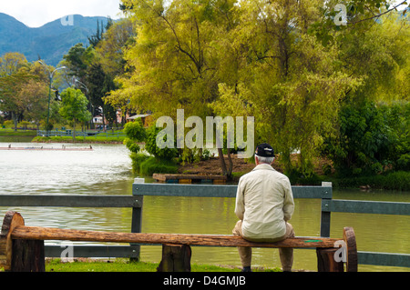 Un homme âgé assis sur un banc de parc à Bogota, Colombie Banque D'Images