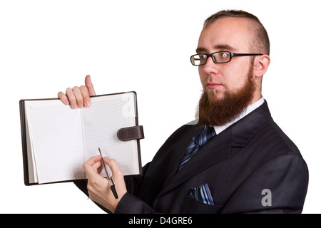 Portrait demandez une signature sur un document isolé sur fond blanc Banque D'Images