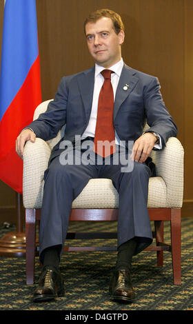 Le président russe Dmitri Medvedev est photographié pendant le sommet du G8 à Toyako, au Japon, 07 juillet 2008. Les chefs d'État et de gouvernement des pays du G8 ne confère à l'île japonaise d'Hokkaido jusqu'au 09 juillet 2008. Photo : Tim Brakemeier Banque D'Images