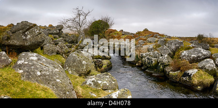 Un ancien pont au-dessus du clapet de granit Walla Brook près de Scorhill à Dartmoor Banque D'Images