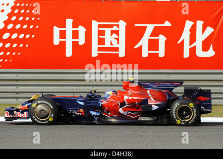 L'allemand Sebastian Vettel, pilote de Formule 1 de la Scuderia Toro Rosso-Ferrari oriente sa voiture au cours de la deuxième session d'essais au Circuit International de Shanghai, Chine, 17 octobre 2008. La Formule 1 Grand Prix de Chine aura lieu à Shanghai le 19 octobre 2008. Photo : JENS BUETTNER Banque D'Images